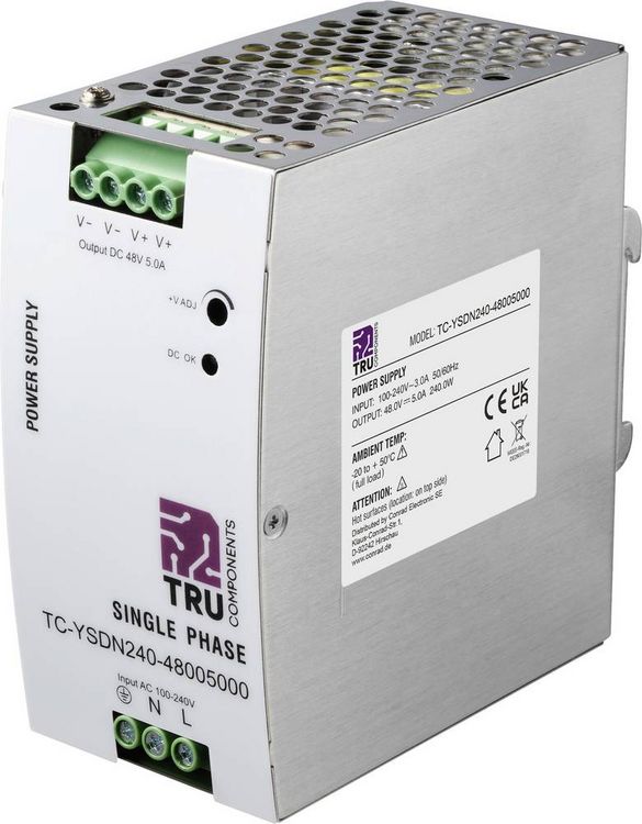 Produktbild: TRU COMPONENTS TC-13807996 Hutschienen-Netzteil (DIN-Rail) 48 V/DC 5 A 240 W Anzahl Ausg&auml;nge:1 x Inhalt 1 St.