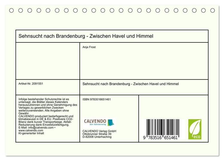 Produktbild: Sehnsucht nach Brandenburg - Zwischen Havel und Himmel (Tischkalender 2026 DIN A5 quer), CALVENDO Monatskalender