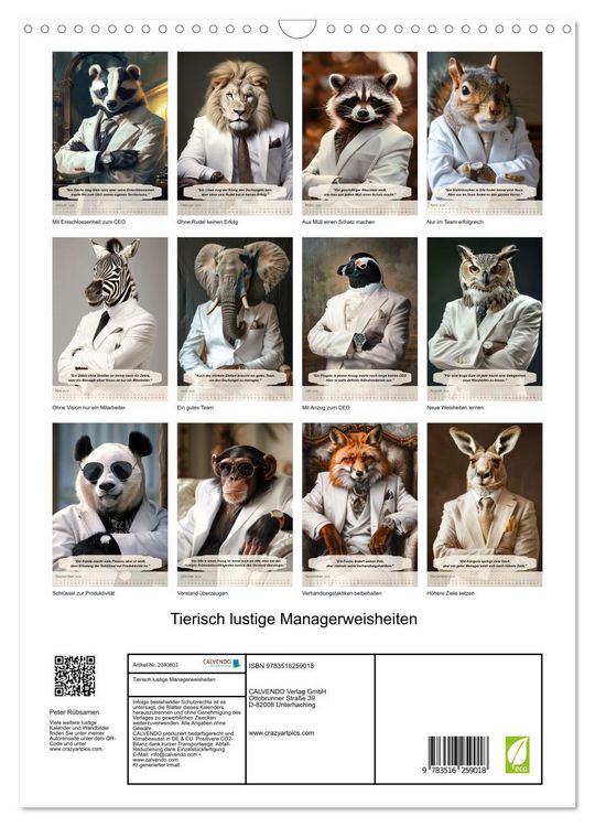 Produktbild: Tierisch lustige Managerweisheiten (Wandkalender 2026 DIN A3 hoch), CALVENDO Monatskalender