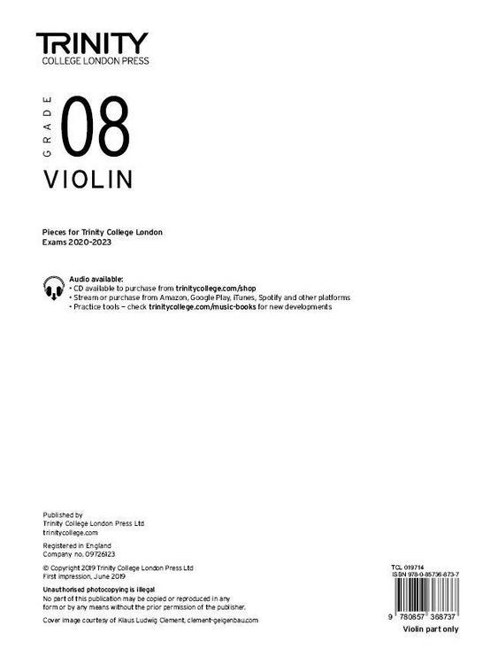 Produktbild: Trinity College London Violin Exam Pieces From 2020: Grade 8 (part only)