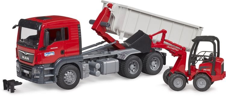 Produktbild: Bruder LKW Modell MAN TGS mit Abrollcontainer + Sch&auml;ffer Hoflader Fertigmodell
