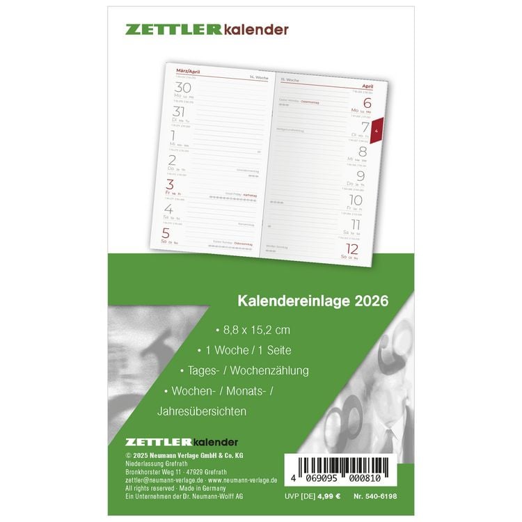 Produktbild: Kalender-Ersatzeinlage 2026 - für den Taschenplaner Typ 540 - 8,8x15,2 cm - 1 Woche auf 1 Seiten - separates Adressheft - faltbar - Notizheft - 540-61