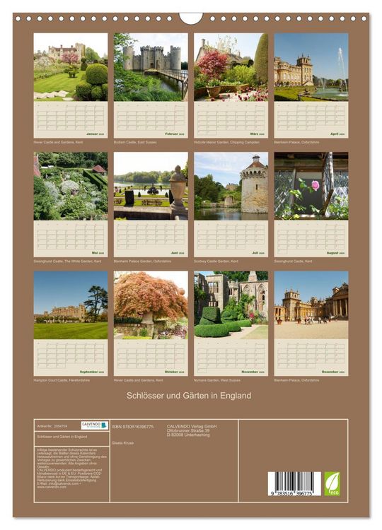 Produktbild: Schl&ouml;sser und G&auml;rten in England (Wandkalender 2026 DIN A3 hoch), CALVENDO Monatskalender
