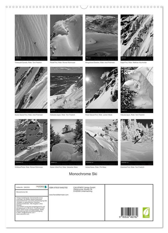Produktbild: Monochrome Ski (hochwertiger Premium Wandkalender 2026 DIN A2 hoch), Kunstdruck in Hochglanz
