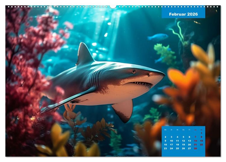 Produktbild: Stille Giganten - KI-generierte Hai-Impressionen (hochwertiger Premium Wandkalender 2026 DIN A2 quer), Kunstdruck in Hochglanz