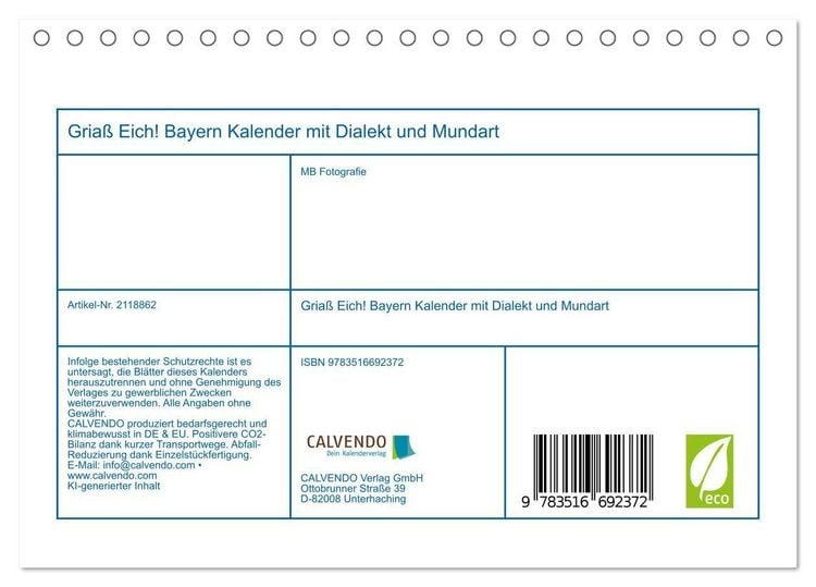 Produktbild: Gria&szlig; Eich! Bayern Kalender mit Dialekt und Mundart (Tischkalender 2026 DIN A5 quer), CALVENDO Monatskalender