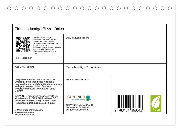 Produktbild: Tierisch lustige Pizzab&auml;cker (Tischkalender 2026 DIN A5 quer), CALVENDO Monatskalender