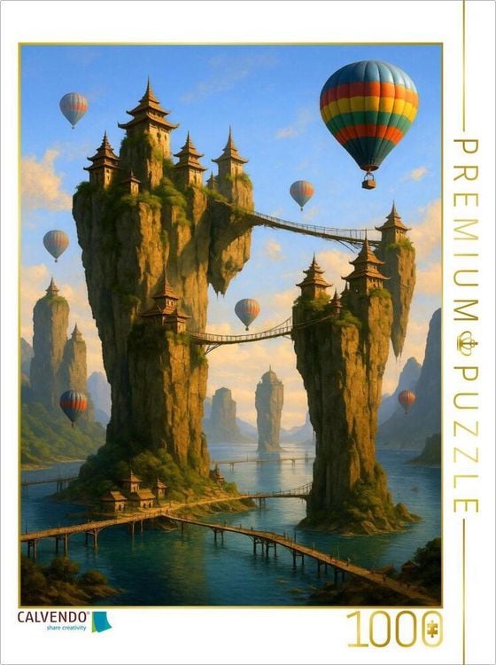 Produktbild: CALVENDO Puzzle Besuch in der Klippenstadt - Hei&szlig;luftballons in Fantasy Landschaft | 1000 Teile Lege-Gr&ouml;&szlig;e 64x48cm Foto-Puzzle f&uuml;r gl&uuml;ckliche Stunden