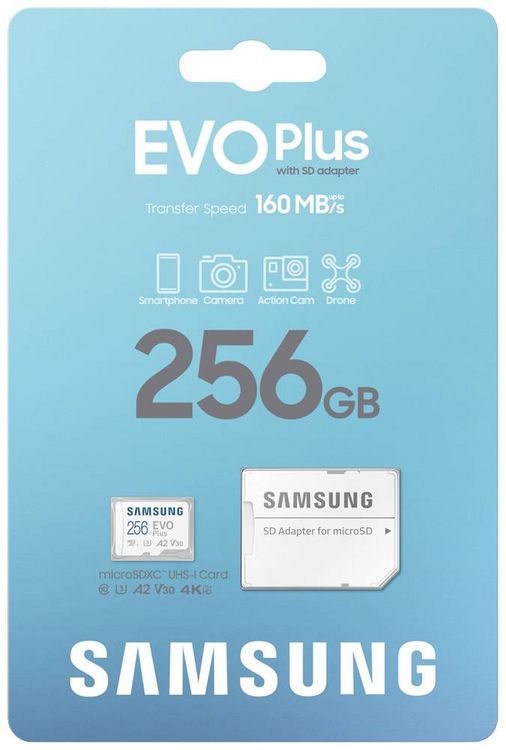 Produktbild: Samsung EVO Plus microSD-Karte Retail 256 GB UHS-I, v30 Video Speed Class, A2 Application Performance Class inkl. SD-Adapter