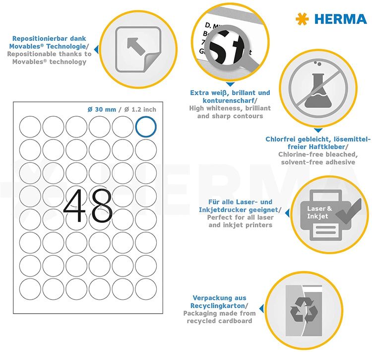 Produktbild: Herma Etiketten A4 40mm rund 25 Blatt 1.200 St&uuml;ck