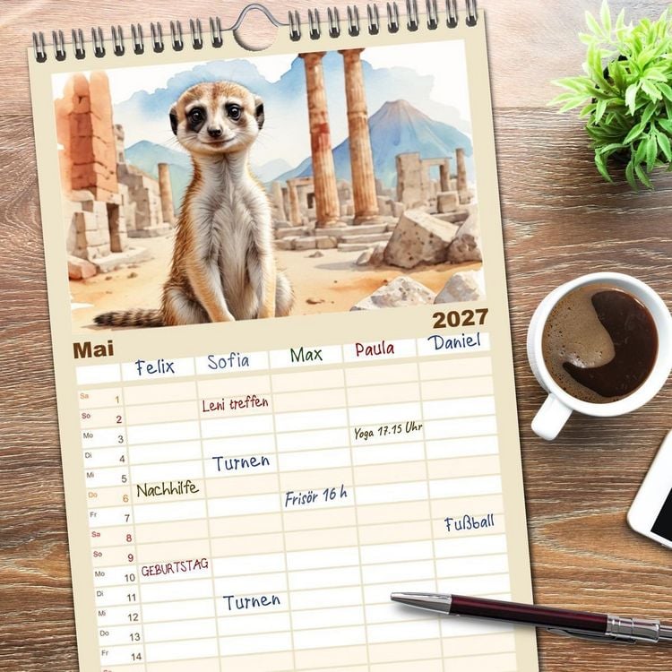 Produktbild: Familienplaner 2027 - Erdm&auml;nnchen in Italien mit 5 Spalten (Wandkalender, 21 x 45 cm) CALVENDO