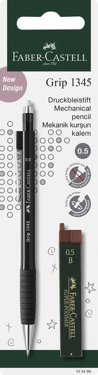 Produktbild: FABER-CASTELL Druckbleistift Grip 1345 + Ersatzminen 0,5mm blau Blister, 5fach sortiert