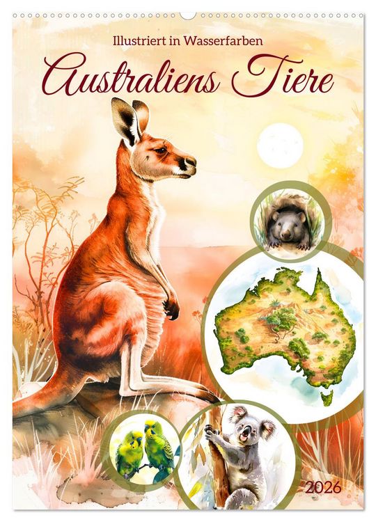 Produktbild: Australiens Tiere - Illustriert in Wasserfarben (Wandkalender 2026 DIN A2 hoch), CALVENDO Monatskalender