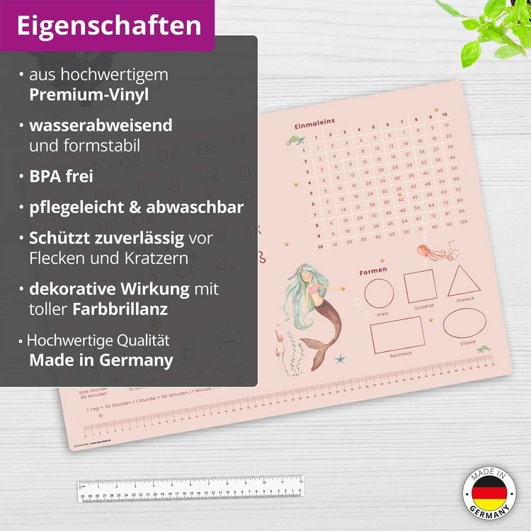 Produktbild: Cover-your-desk Schreibtischunterlage f&uuml;r Kinder Meerjungfrau Schulanfang - abc und einmaleins, aus hochwertigem Vinyl , 60 x 40 cm