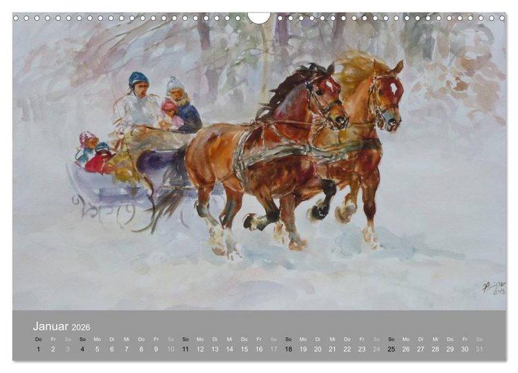 Produktbild: Mit Pferden durch die Jahreszeiten - Pferdebilder in &Ouml;l und Aquarell (Wandkalender 2026 DIN A3 quer), CALVENDO Monatskalender