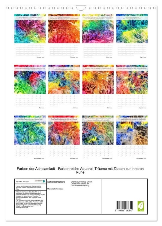 Produktbild: Farben der Achtsamkeit - Farbenreiche Aquarell-Tr&auml;ume mit Zitaten zur inneren Ruhe (Wandkalender 2026 DIN A3 hoch), CALVENDO Monatskalender