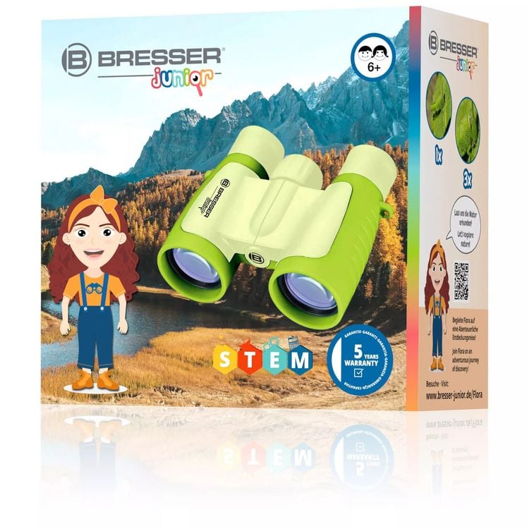 Produktbild: Bresser Junior 8880330 - Kinderfernglas 3x30, 3-fache Vergr&ouml;&szlig;erung, 30mm Objektiv, mit Tasche, Tragriemen und Reinigungstuch, gr&uuml;n, STEM