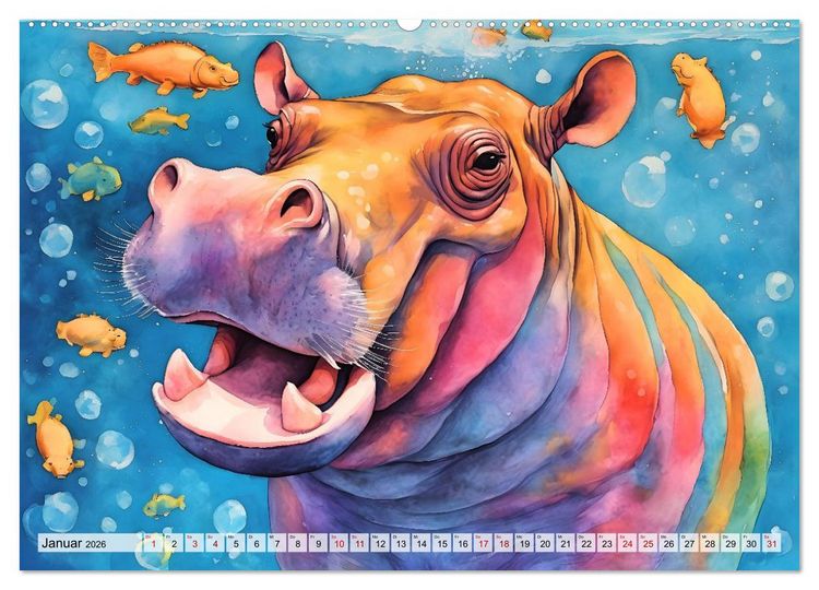 Produktbild: Hippos bekennen Farbe - kunterbunter Nilpferdspa&szlig; (Wandkalender 2026 DIN A2 quer), CALVENDO Monatskalender