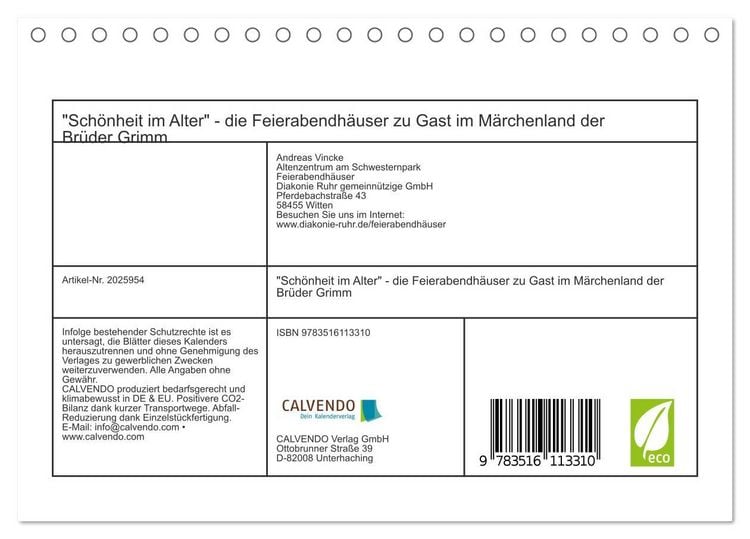 Produktbild: "Sch&ouml;nheit im Alter" - die Feierabendh&auml;user zu Gast im M&auml;rchenland der Br&uuml;der Grimm (Tischkalender 2026 DIN A5 quer), CALVENDO Monatskalender
