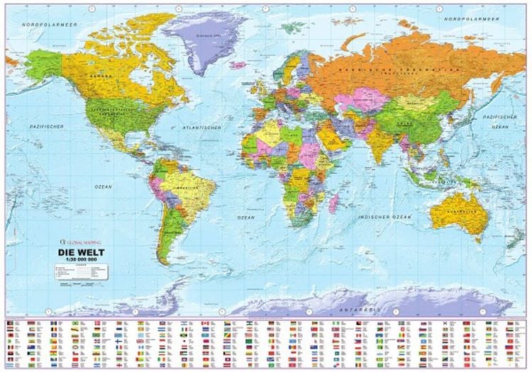 Politische Weltkarte 1 : 30 000 000 mit Flaggen