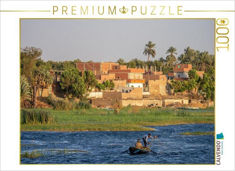 Produktbild: CALVENDO Puzzle Authentisches &Auml;gypten: Zwei Ruderer auf dem Nil vor einem Dorf | 1000 Teile Lege-Gr&ouml;&szlig;e 64x48cm Foto-Puzzle f&uuml;r gl&uuml;ckliche Stunden