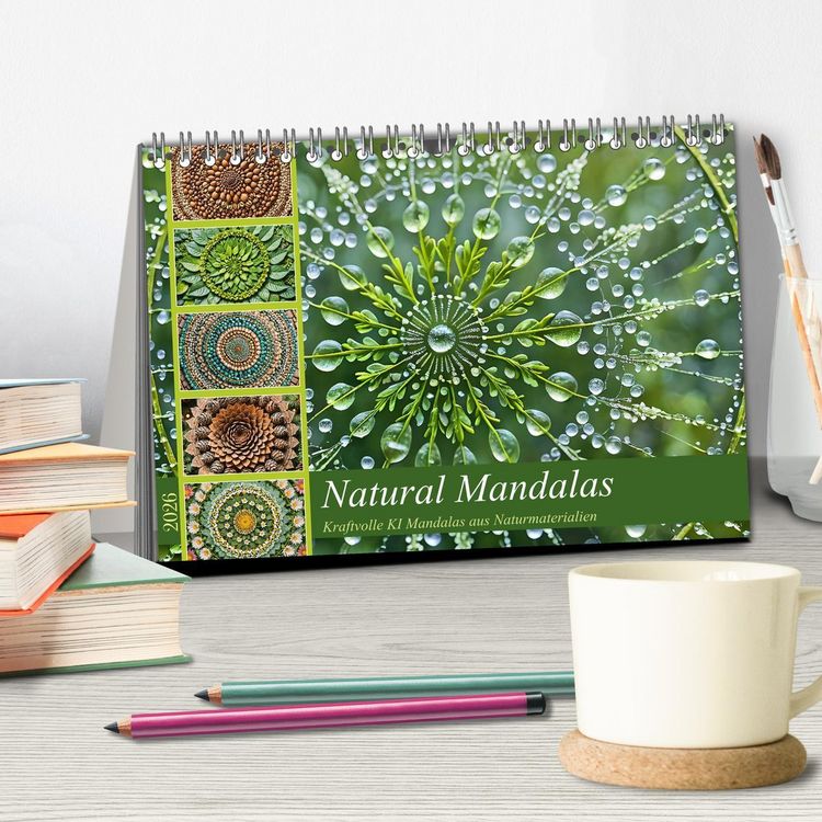 Produktbild: Natural Mandalas - Kraftvolle KI Mandalas aus Naturmaterialien (Tischkalender 2026 DIN A5 quer), CALVENDO Monatskalender