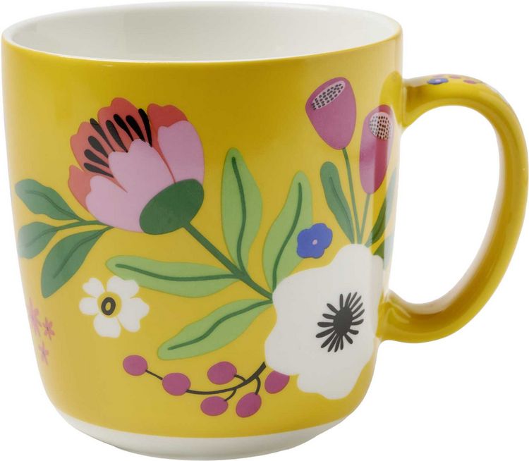 Produktbild: Bunte Blumengr&uuml;&szlig;e Kaffeebecher gelb, 350 ml