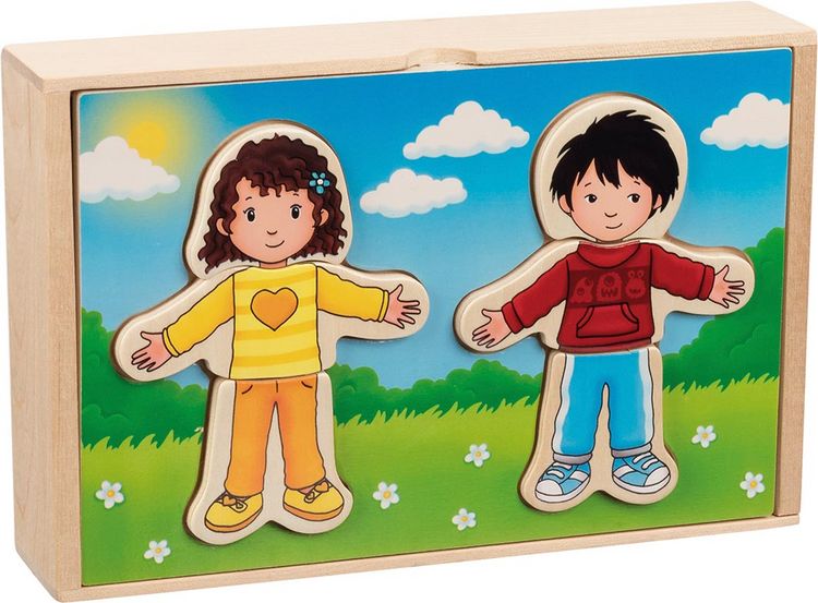Produktbild: Goki 57475 - Anziehpuppenpuzzle Junge und Mädchen, im Holzkasten