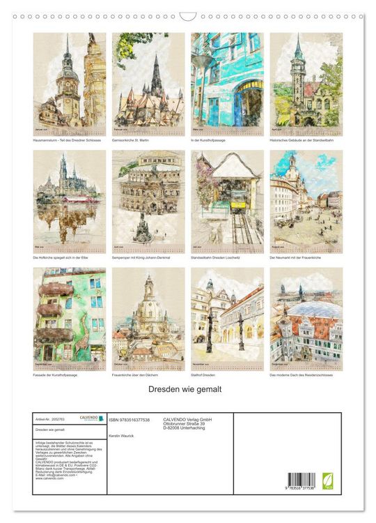 Produktbild: Dresden wie gemalt (Wandkalender 2026 DIN A2 hoch), CALVENDO Monatskalender