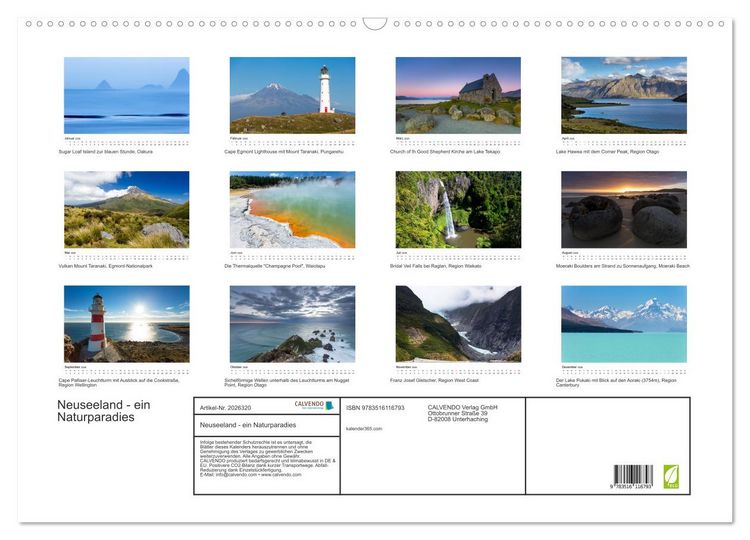 Produktbild: Neuseeland - ein Naturparadies (Wandkalender 2026 DIN A2 quer), CALVENDO Monatskalender