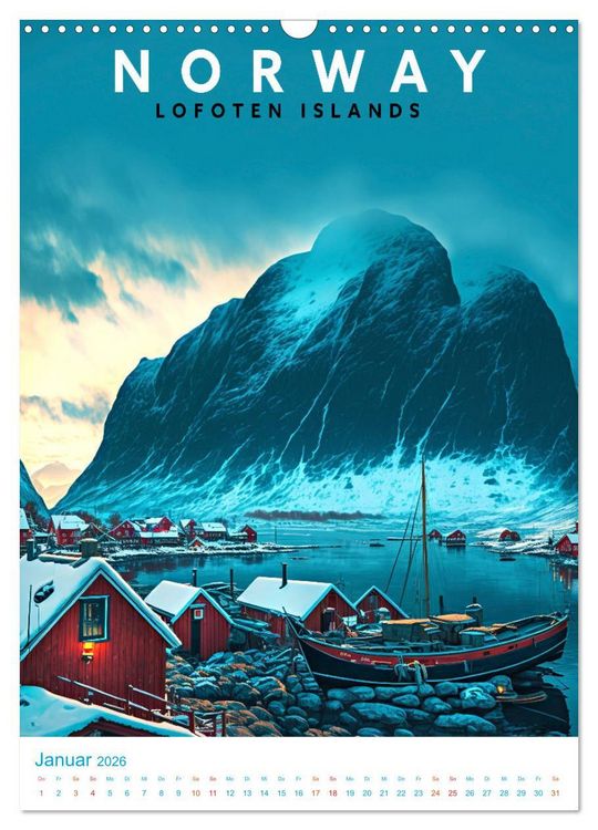Produktbild: Lofoten - Old School Poster Style (Wandkalender 2026 DIN A3 hoch), CALVENDO Monatskalender