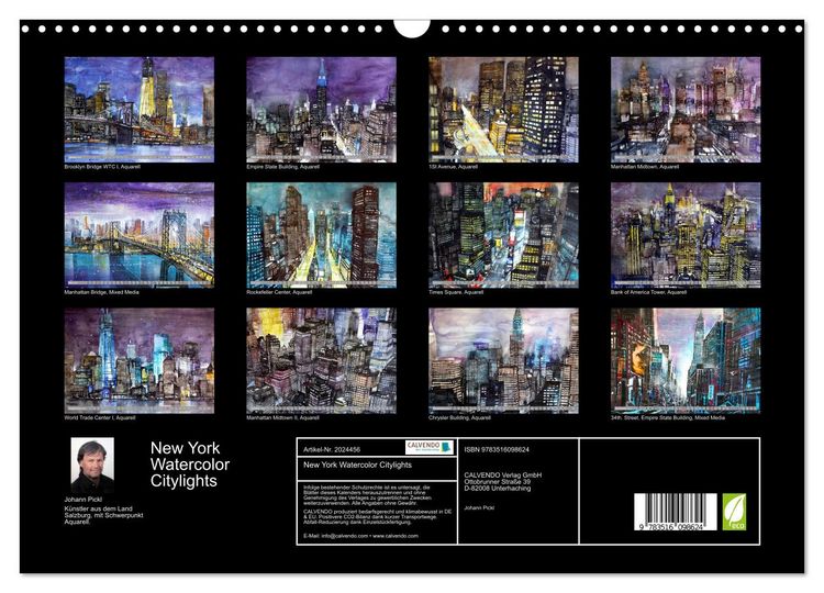 Produktbild: New York Watercolor Citylights (Wandkalender 2026 DIN A3 quer), CALVENDO Monatskalender