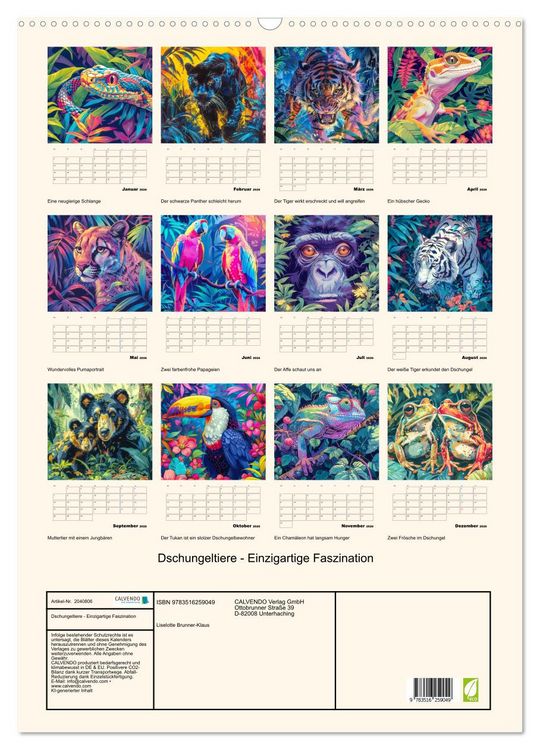 Produktbild: Dschungeltiere - Einzigartige Faszination (Wandkalender 2026 DIN A2 hoch), CALVENDO Monatskalender