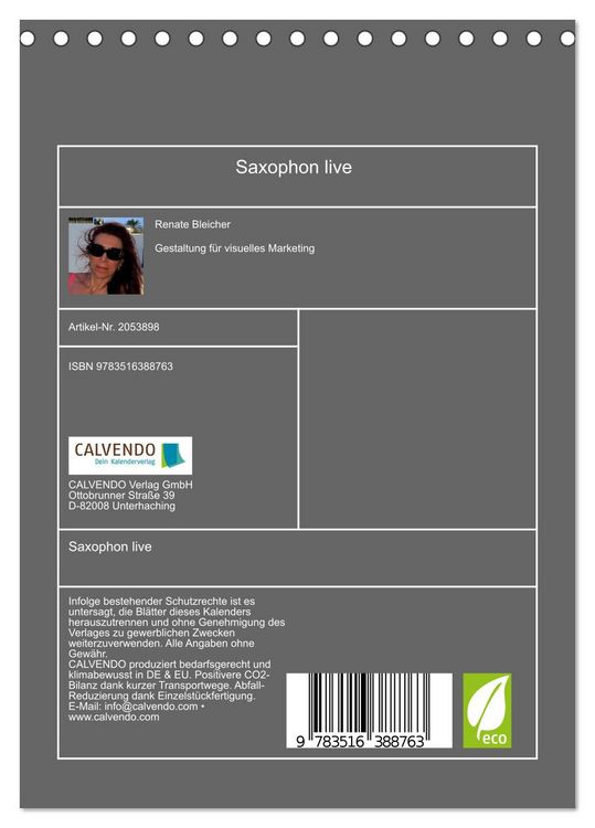 Produktbild: Saxophon live (Tischkalender 2026 DIN A5 hoch), CALVENDO Monatskalender
