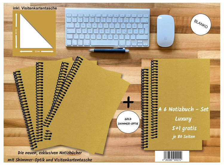 Produktbild: A 6 Notizbuch - Set, 5+1 gratis, Luxury 80 Seiten GOLD GMUND SHIMMER, blanko