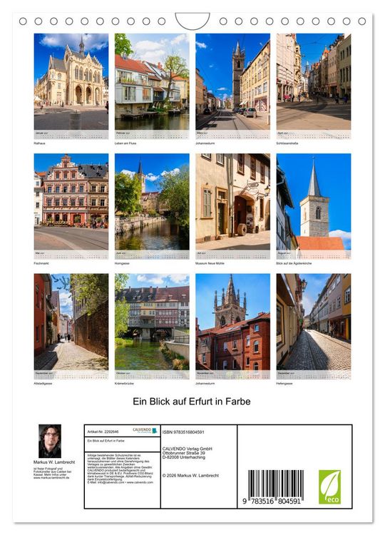 Produktbild: Ein Blick auf Erfurt in Farbe (Wandkalender 2027 DIN A4 hoch), CALVENDO Monatskalender