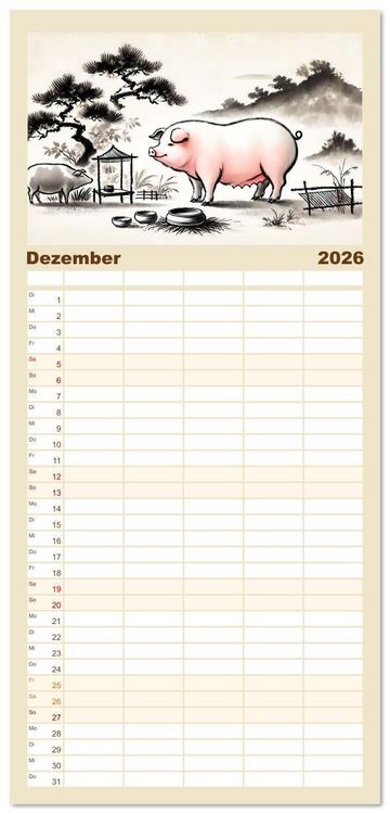 Produktbild: Familienplaner 2026 - Chinesische Tierkreiszeichen - Kunstvolle KI-Tuschemalerei des Ostens mit 5 Spalten (Wandkalender, 21 x 45 cm) CALVENDO