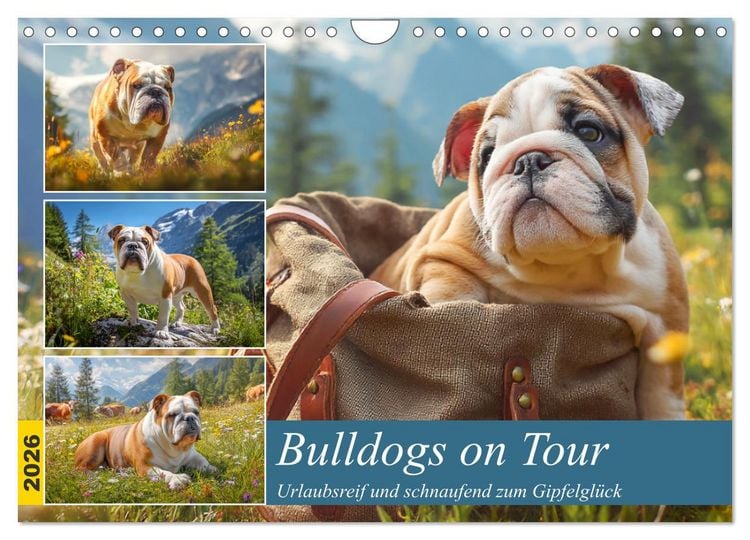 Produktbild: Bulldogs on Tour. Urlaubsreif und schnaufend zum Gipfelgl&uuml;ck (Wandkalender 2026 DIN A4 quer), CALVENDO Monatskalender