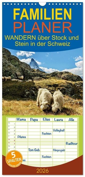 Produktbild: Familienplaner 2026 - WANDERN &uuml;ber Stock und Stein in der Schweiz mit 5 Spalten (Wandkalender, 21 x 45 cm) CALVENDO