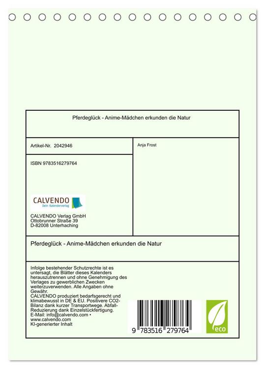 Produktbild: Pferdegl&uuml;ck - Anime-M&auml;dchen erkunden die Natur (Tischkalender 2026 DIN A5 hoch), CALVENDO Monatskalender