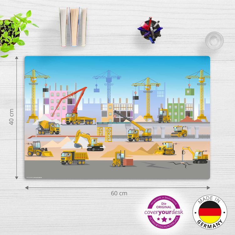 Produktbild: Cover-your-desk Schreibtischunterlage f&uuml;r Kinder Baustelle mit vielen Fahrzeugen Bagger und Kran, aus hochwertigem Vinyl , 60 x 40 cm