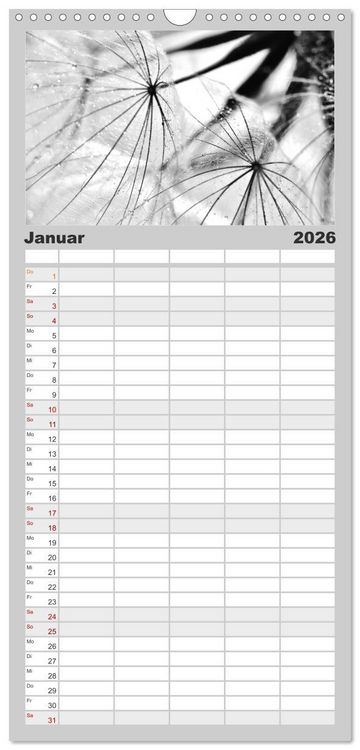 Produktbild: Familienplaner 2026 - Pusteblume - Impressionen in schwarzwei&szlig; mit 5 Spalten (Wandkalender, 21 x 45 cm) CALVENDO