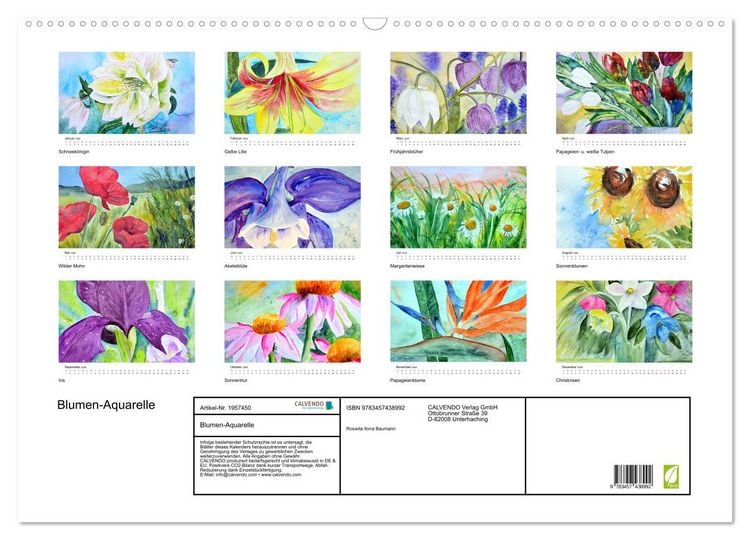 Produktbild: Blumen-Aquarelle (Wandkalender 2026 DIN A2 quer), CALVENDO Monatskalender
