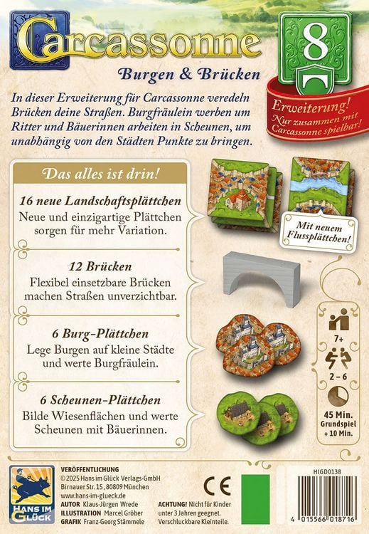 Produktbild: Hans im Gl&uuml;ck HIGD0138 - Carcassonne, Burgen & Br&uuml;cken (Auflage 2025), 8. Erweiterung