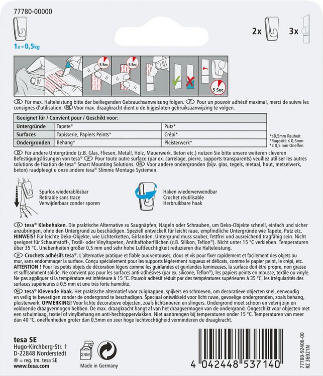 Produktbild: Tesa Klebehaken Tapeten & Putz - selbstklebender Haken - ideal zur Befestigung von Girlanden & Lichterketten - h&auml;lt bis zu