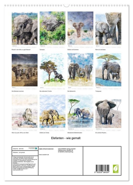 Produktbild: Elefanten - wie gemalt (hochwertiger Premium Wandkalender 2026 DIN A2 hoch), Kunstdruck in Hochglanz