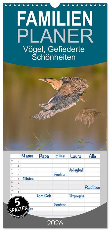 Produktbild: Familienplaner 2026 - V&ouml;gel, Gefiederte Sch&ouml;nheiten mit 5 Spalten (Wandkalender, 21 x 45 cm) CALVENDO