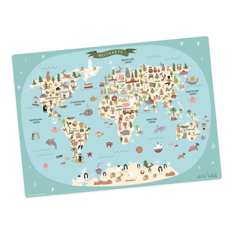 Produktbild: Tischsetmacher Tischset f&uuml;r Kinder Weltkarte in blau mit Tieren in deutsch, aus hochwertigem Vinyl , 44 x 32 cm