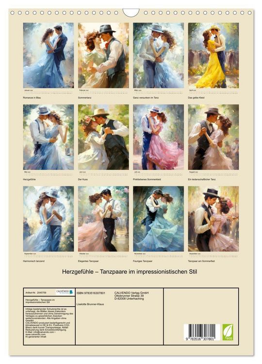 Produktbild: Herzgef&uuml;hle &ndash; Tanzpaare im impressionistischen Stil (Wandkalender 2026 DIN A3 hoch), CALVENDO Monatskalender