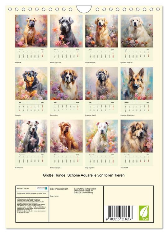 Produktbild: Gro&szlig;e Hunde. Sch&ouml;ne Aquarelle von tollen Tieren (Wandkalender 2026 DIN A4 hoch), CALVENDO Monatskalender